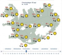 Spá Veðurstofu Íslands fyrir sumardaginn fyrsta 2019.